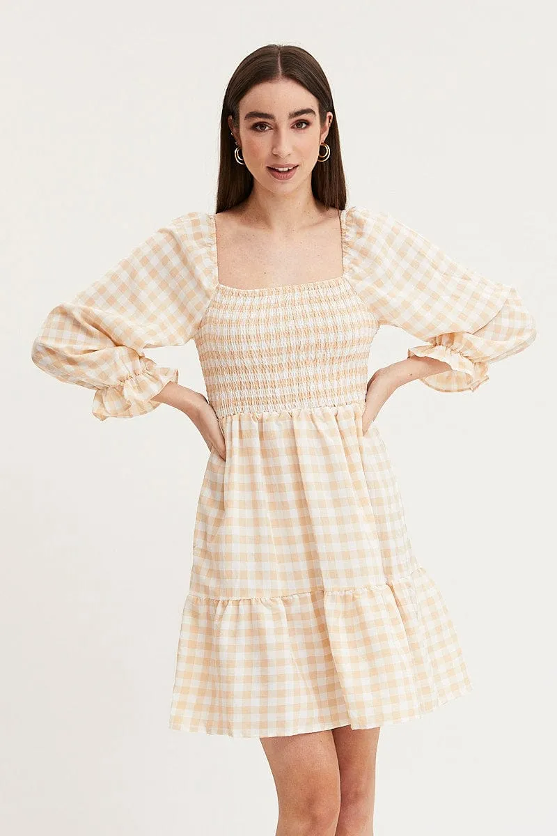 Check Skater Dress Puff Sleeve Mini Active Fit