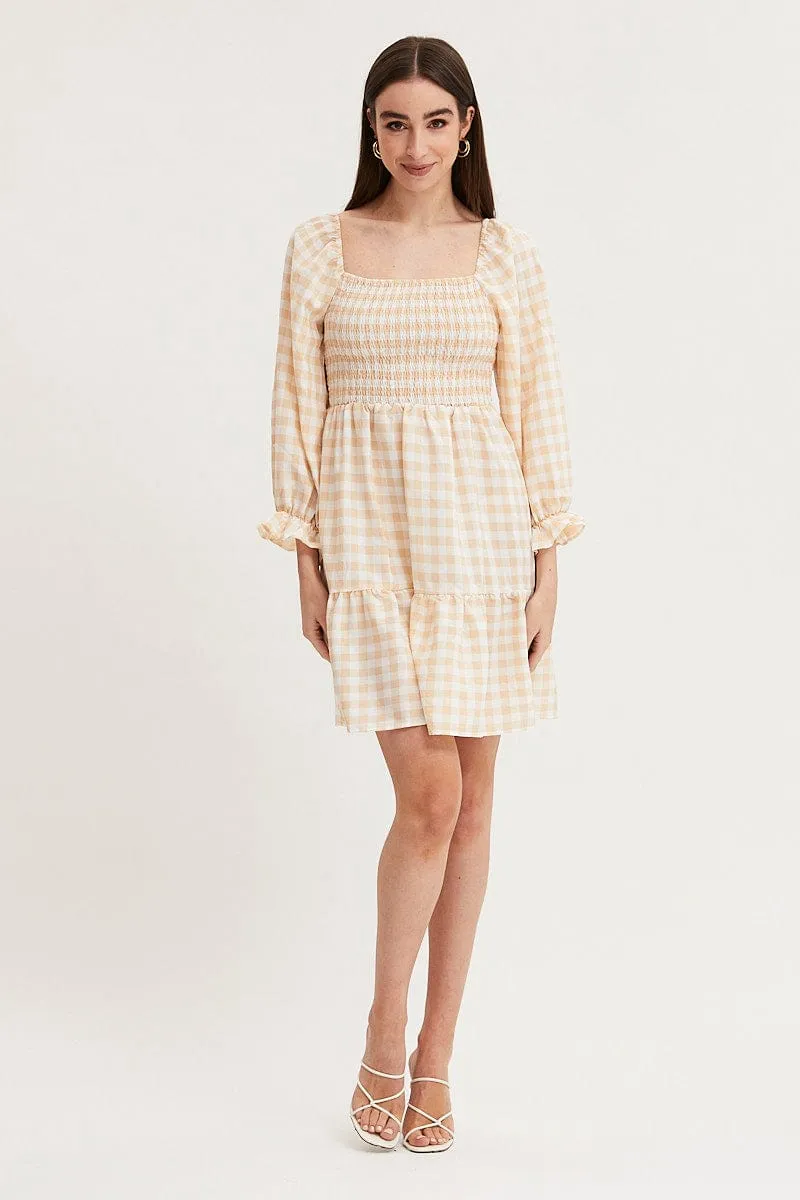 Clean Cut Heat Safe Check Skater Dress Puff Sleeve Mini