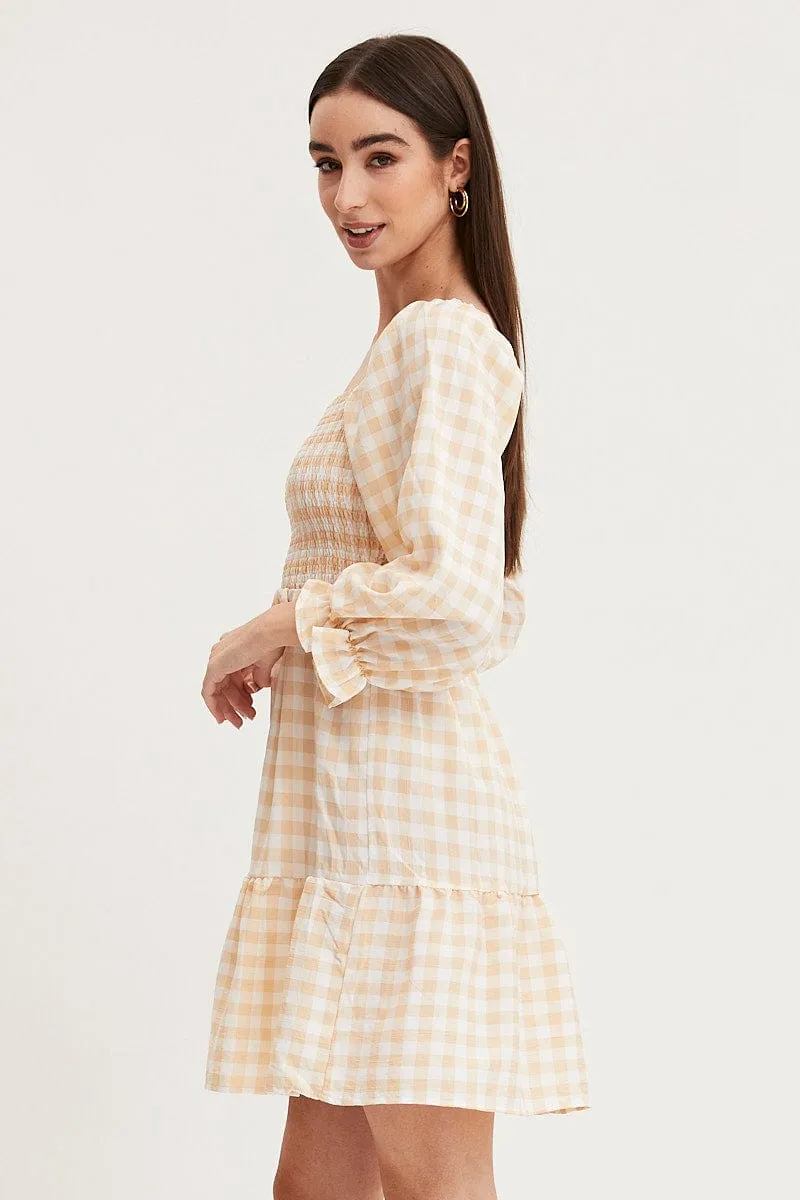 Self Love Check Skater Dress Puff Sleeve Mini