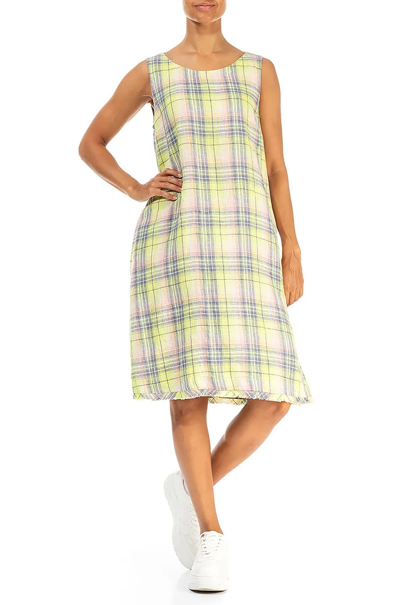 Sleeveless Checkered Lime Linen Dress Layer Safe