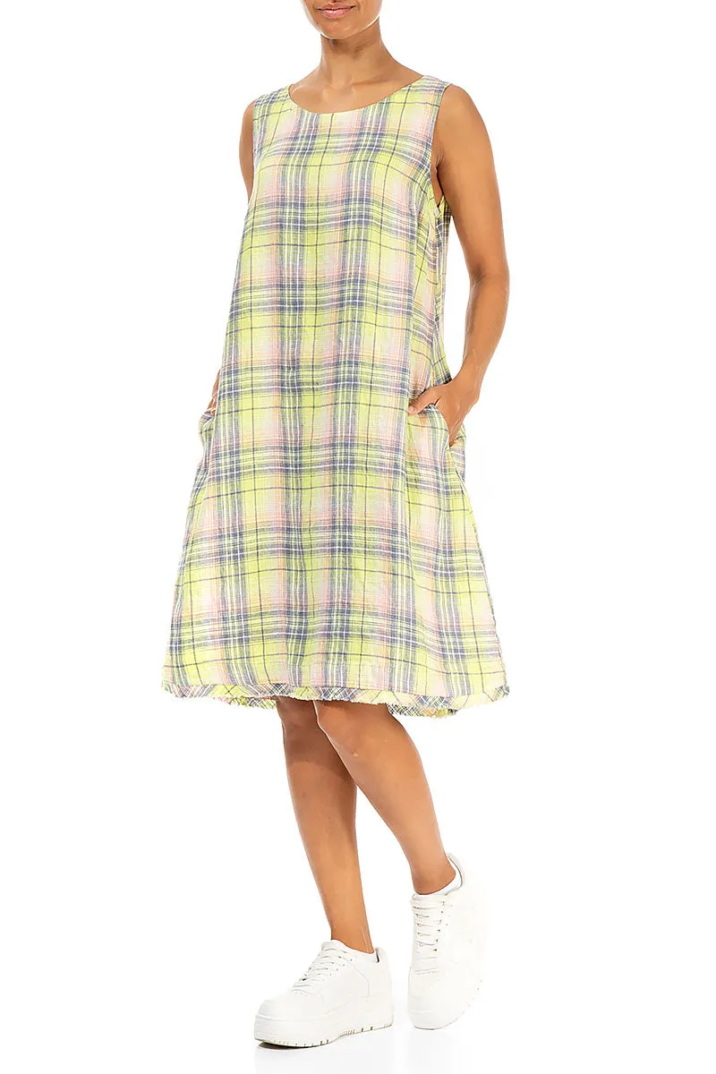 Trendy Outerwear PreShrunk Cotton Sleeveless Checkered Lime Linen Dress