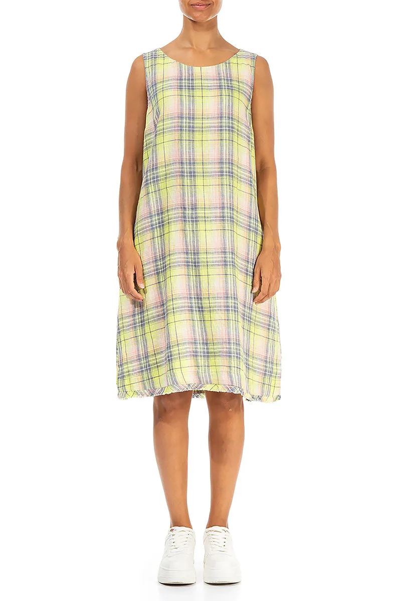 Work-Ready Romance Fit Sleeveless Checkered Lime Linen Dress