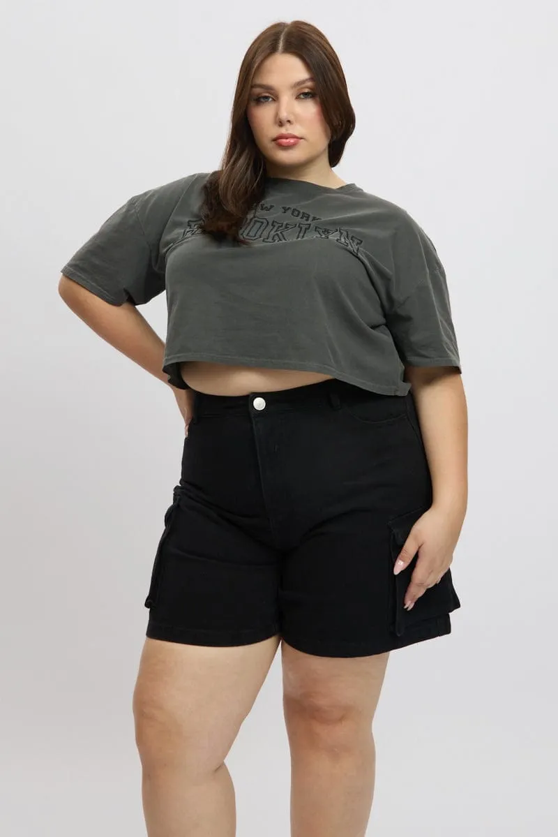 Black Cargo Shorts High Rise SoftTouch Texture DurableCoverstitch