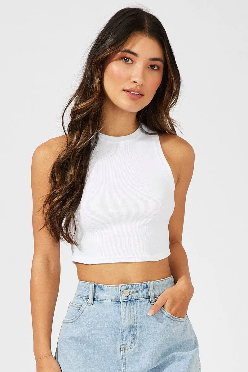 White Crop Tank Top Crew neck Stage Soul