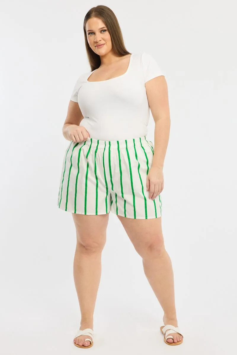 Street Look Green Stripe Elastic Waist Shorts