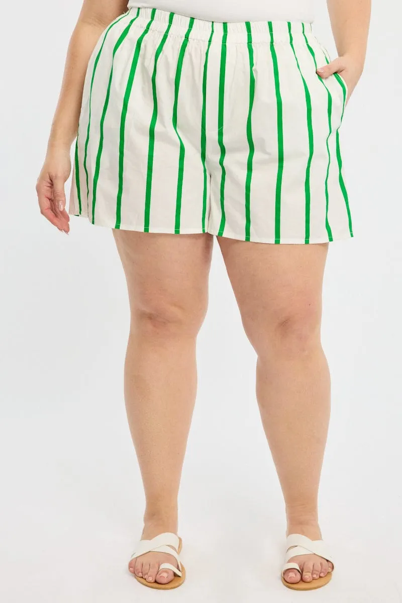 Green Stripe Elastic Waist Shorts ShapeRetentionCloth WindResistantWeave