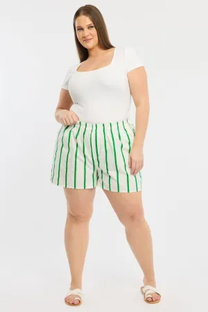 Street Look Green Stripe Elastic Waist Shorts