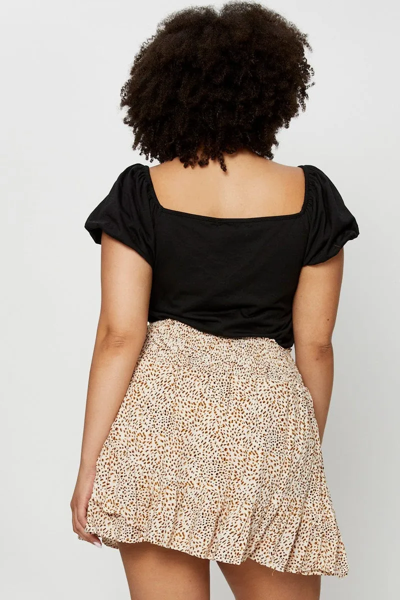 Personality Style Draped Silhouette Animal Print Mini Skater Skirt Ruffle Hem