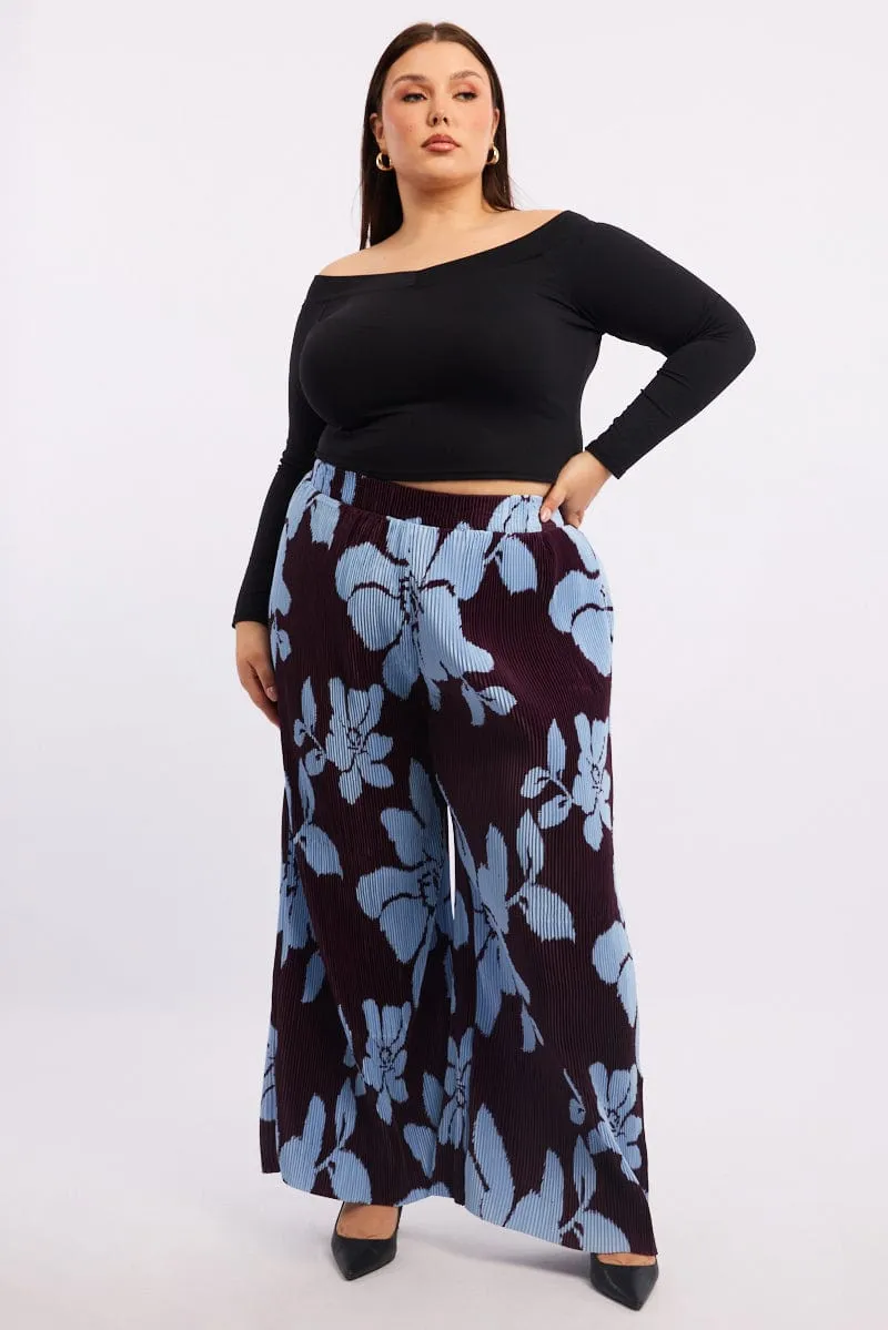 Soft Stretch Easy Wear Purple Floral Plisse Pleat Elastic Waist Wide Leg Pants