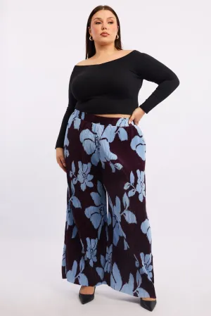 Soft Stretch Easy Wear Purple Floral Plisse Pleat Elastic Waist Wide Leg Pants
