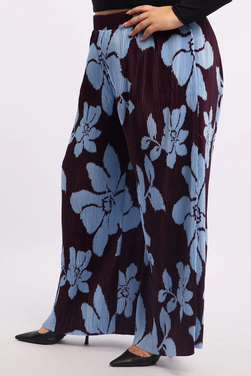 Abrasion resistant Purple Floral Plisse Pleat Elastic Waist Wide Leg Pants