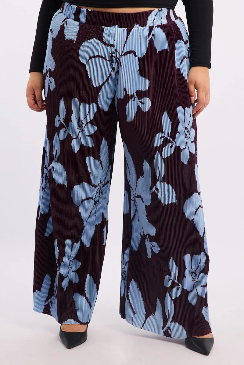 FlexibleKneePanels Flexible Activewear Purple Floral Plisse Pleat Elastic Waist Wide Leg Pants