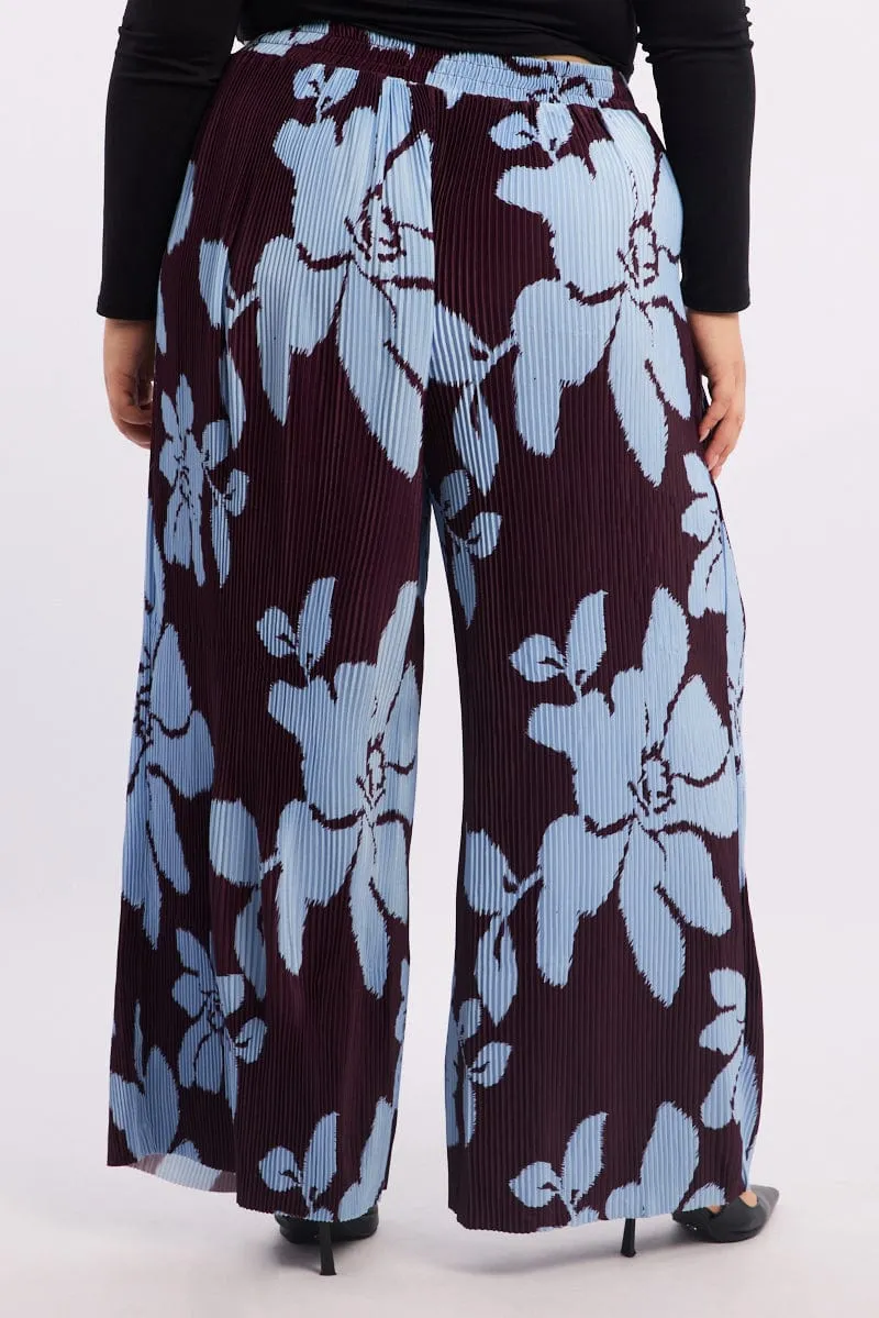 Purple Floral Plisse Pleat Elastic Waist Wide Leg Pants Cozy Wear Tagless label