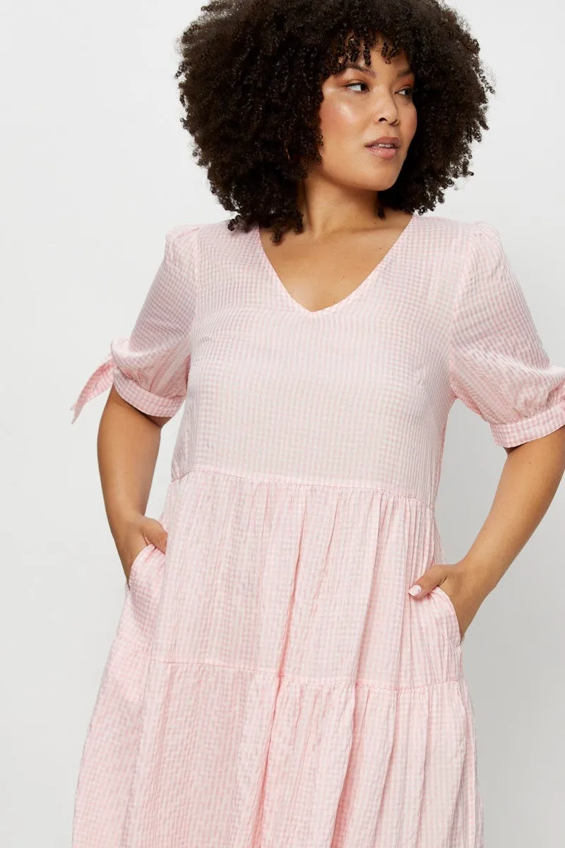 Check Midi Dress V-neck Short Sleeve Season Switch Weather Ready