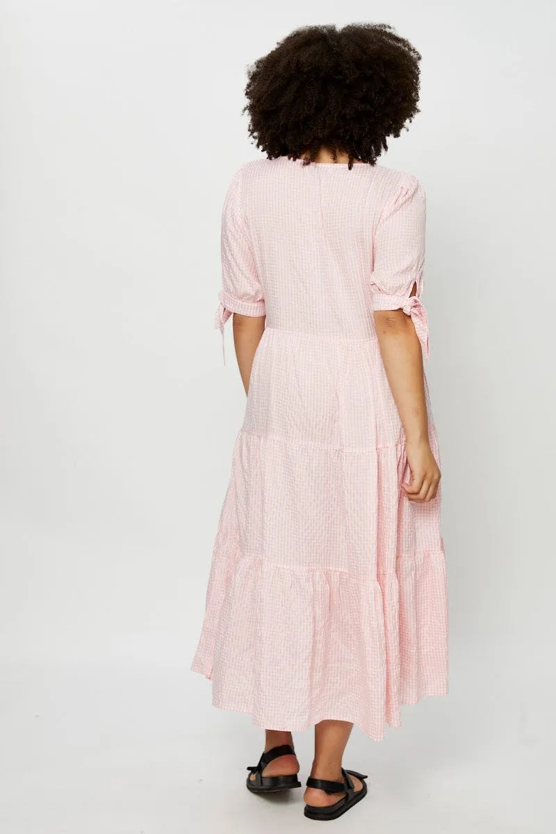 Bridge Walk Casual Glam Check Midi Dress V-neck Short Sleeve