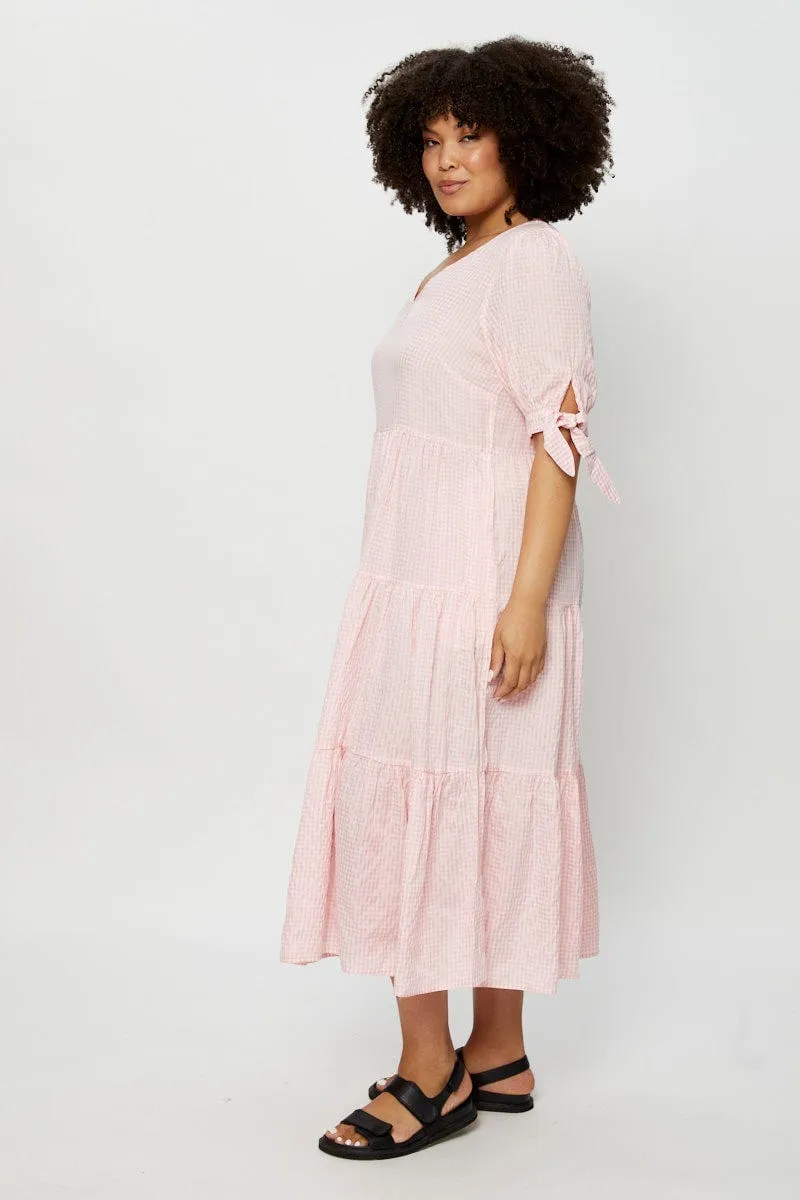 Comfortable Layers Subtle Elegance Check Midi Dress V-neck Short Sleeve