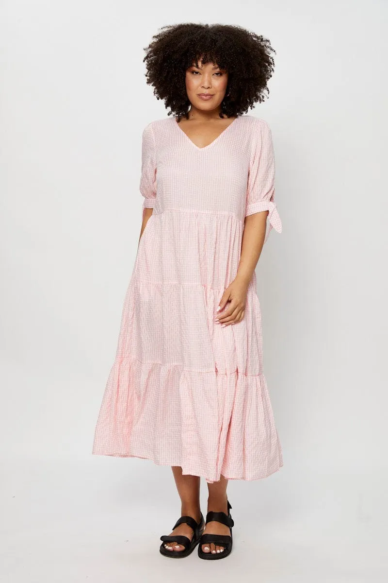 Chic Design Timeless Comfort Check Midi Dress V-neck Short Sleeve