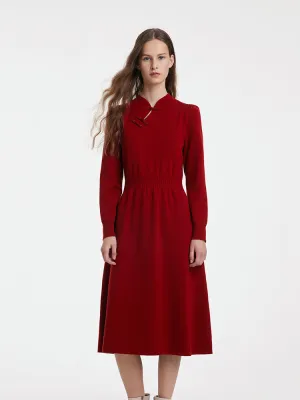 Work Ready Outfit Tencel Wool Cheongsam Button Gathered Waist Women Qipao Dress