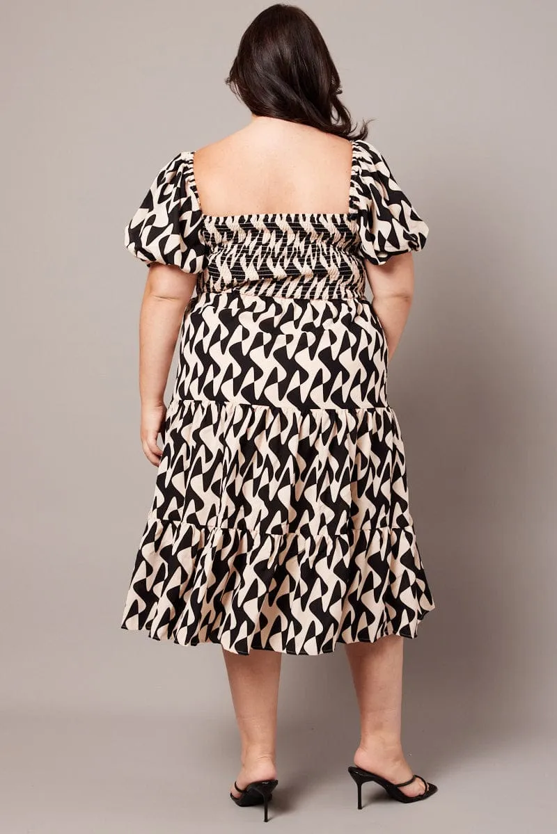 Black Abstract Midi Dress Short Sleeve Shirred Moon Beam Soft fabric knee-length dress