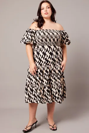 Jade Glow Black Abstract Midi Dress Short Sleeve Shirred