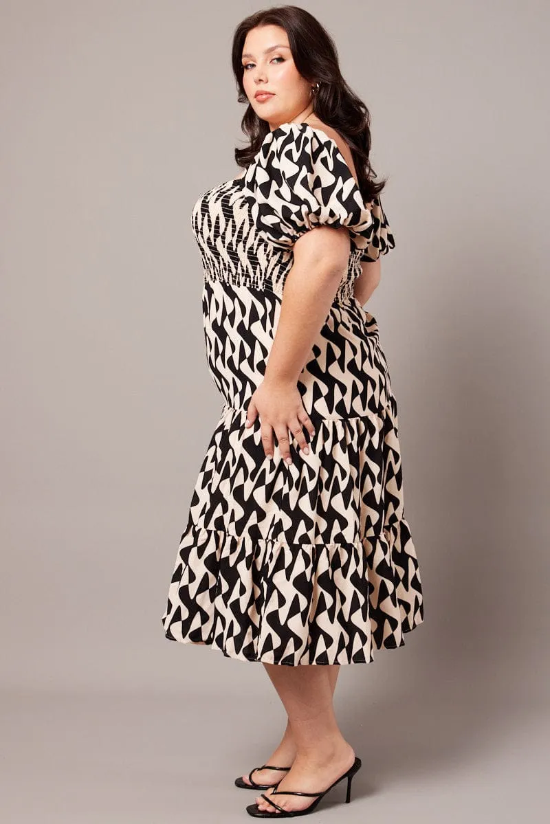 Snow Path Black Abstract Midi Dress Short Sleeve Shirred