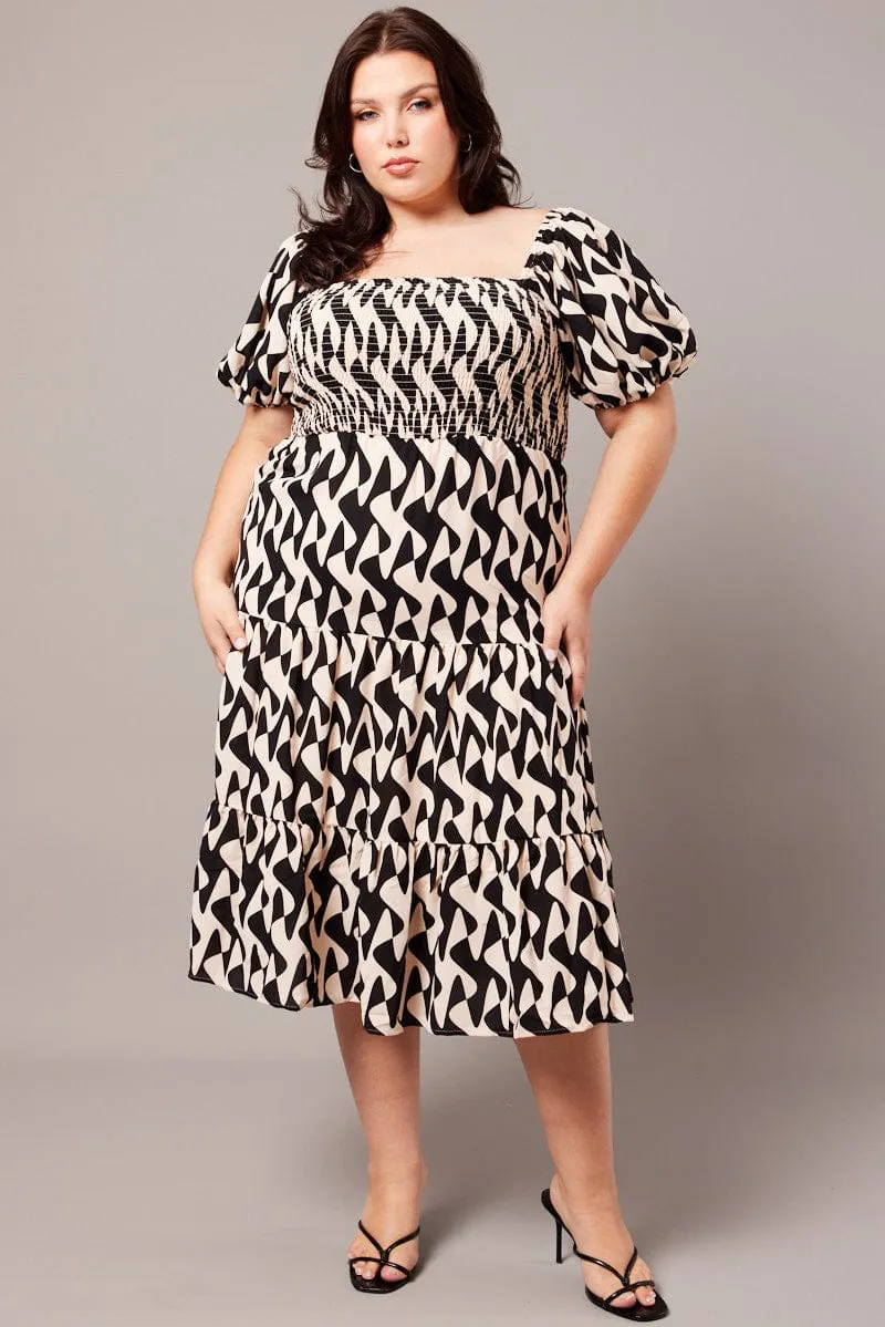 Stylish Casual Elegant Option Black Abstract Midi Dress Short Sleeve Shirred
