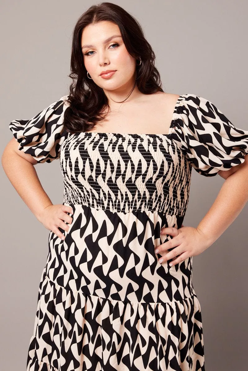 Hill Top Black Abstract Midi Dress Short Sleeve Shirred
