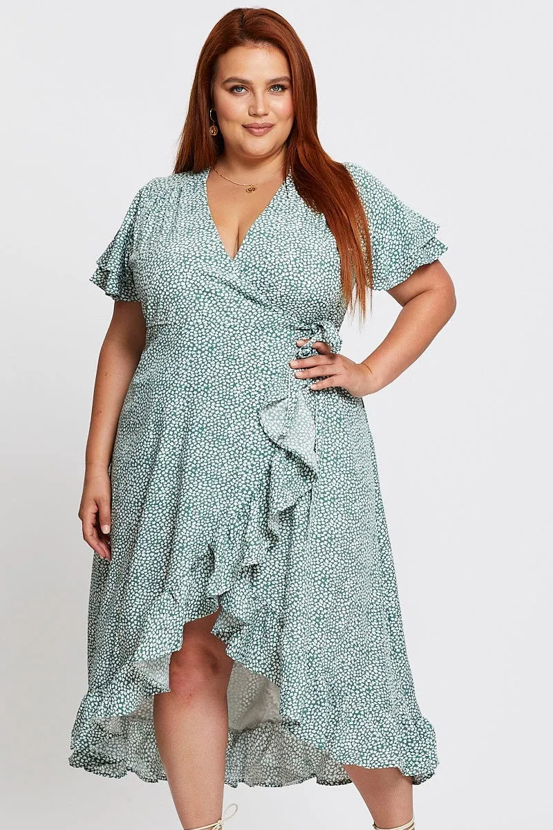 All Season Wear Geo Print Midi Dress Short Sleeve Ruffle Hem