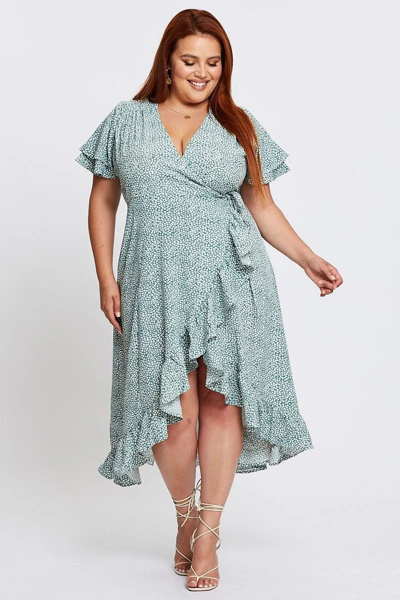 Geo Print Midi Dress Short Sleeve Ruffle Hem Comfortable Style