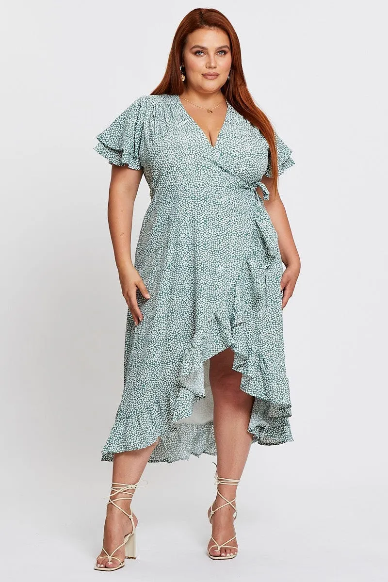 Geo Print Midi Dress Short Sleeve Ruffle Hem Chic Vibes