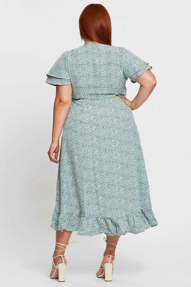 Geo Print Midi Dress Short Sleeve Ruffle Hem Trendy Essentials