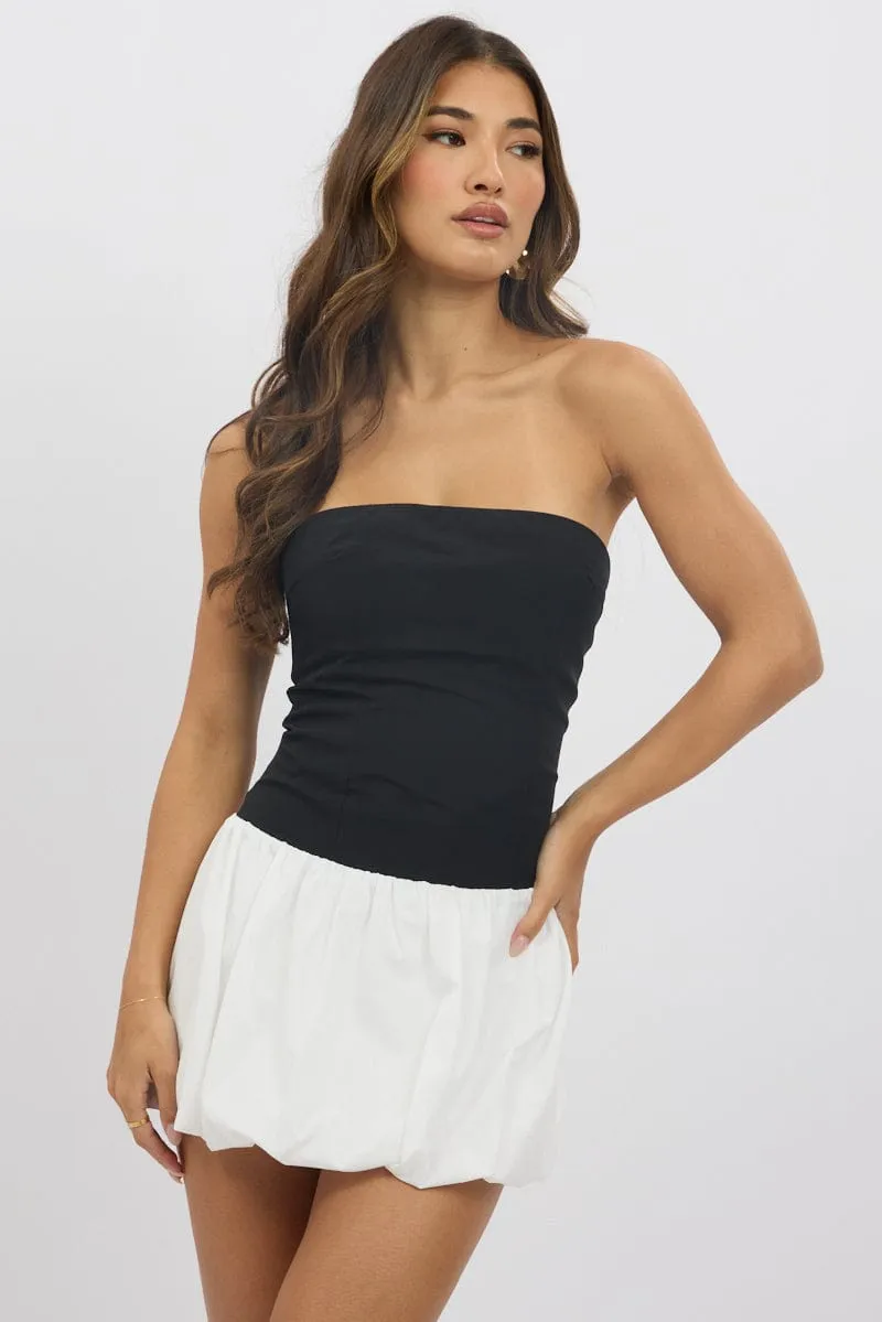 RollUp Sleeves Black Bubble Dress Strapless Mini