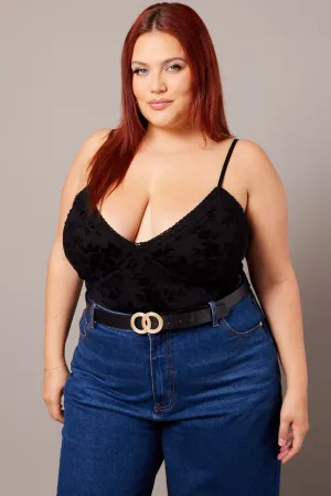 Date Vibe Black Bodysuit Sleeveless V-neck Burn Out Lace Trim