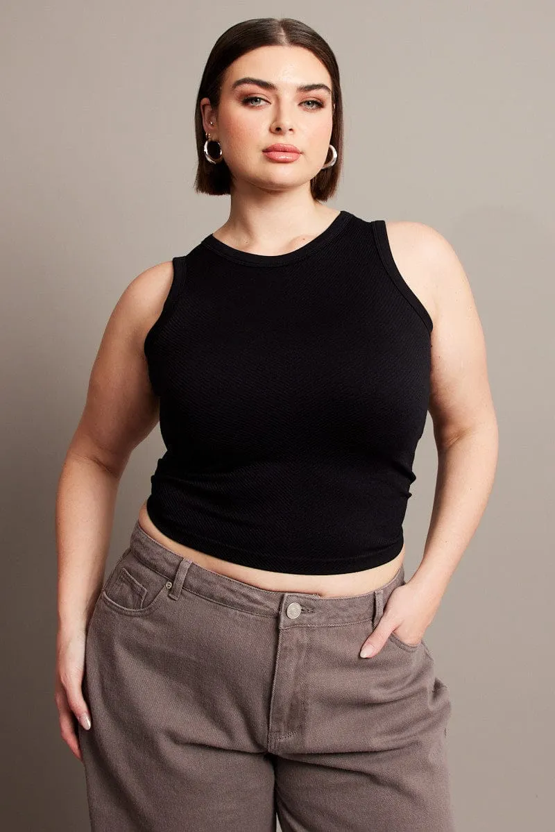 Black Tank Top Sleeveless Crew Neck Seamless Pure Tone ElasticWaistband