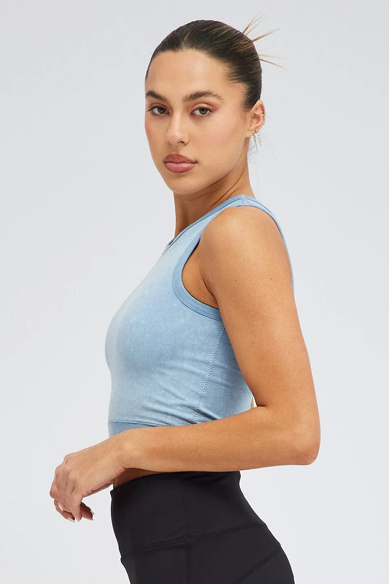 Flexible Waistline Future Edge Blue Tank Top Crew Neck Washed Seamless