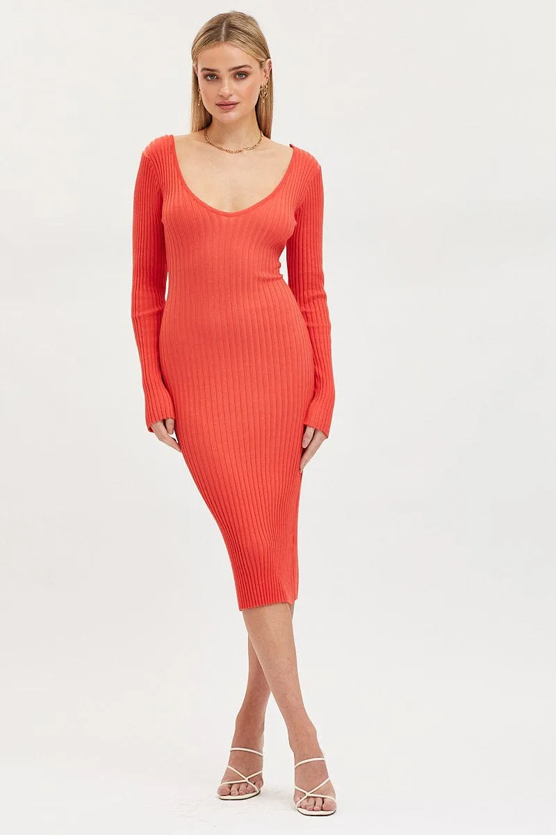 Modern Design Ocean Fit Orange Knit Dress Evening Midi