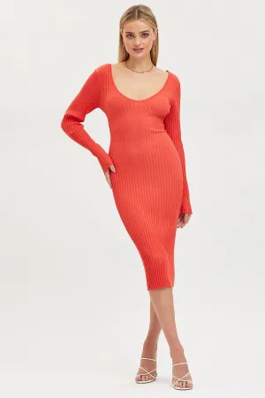 Minimal Mood Comfy Wear Orange Knit Dress Evening Midi