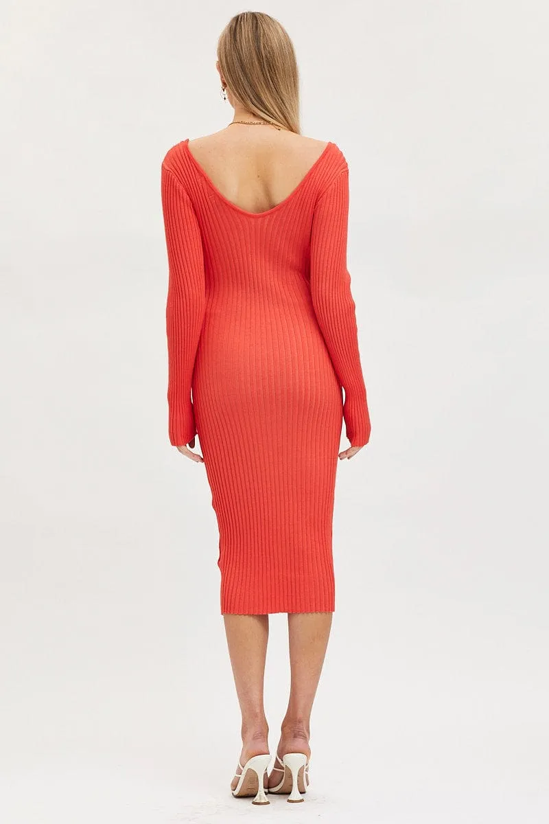Orange Knit Dress Evening Midi Breath Skin NonRestrictiveFit