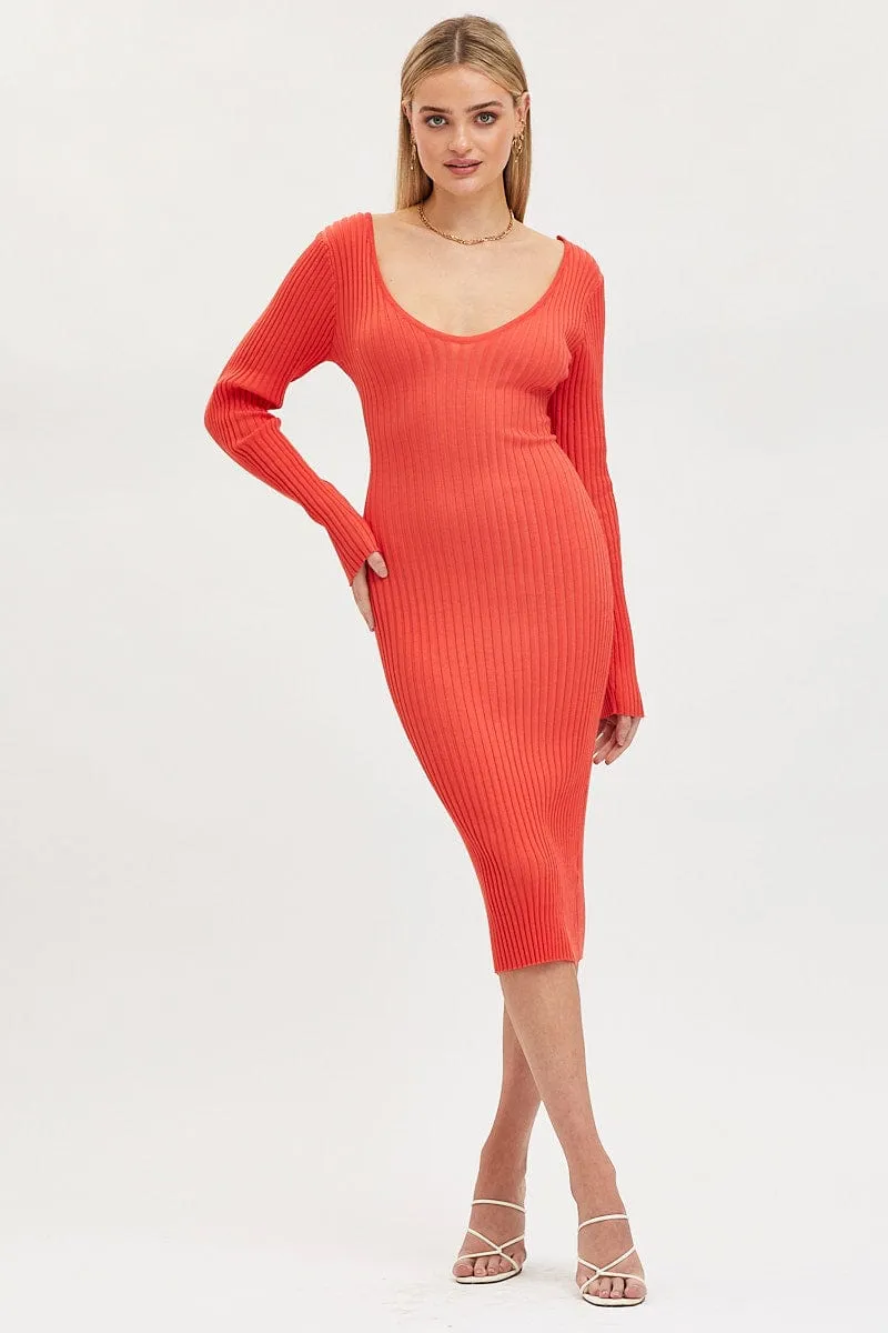 Minimal Mood Comfy Wear Orange Knit Dress Evening Midi