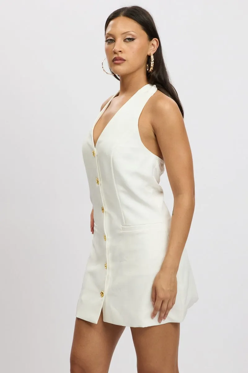 Sporty Shorts Antibacterial Treatment White Halter Neck Min Dress