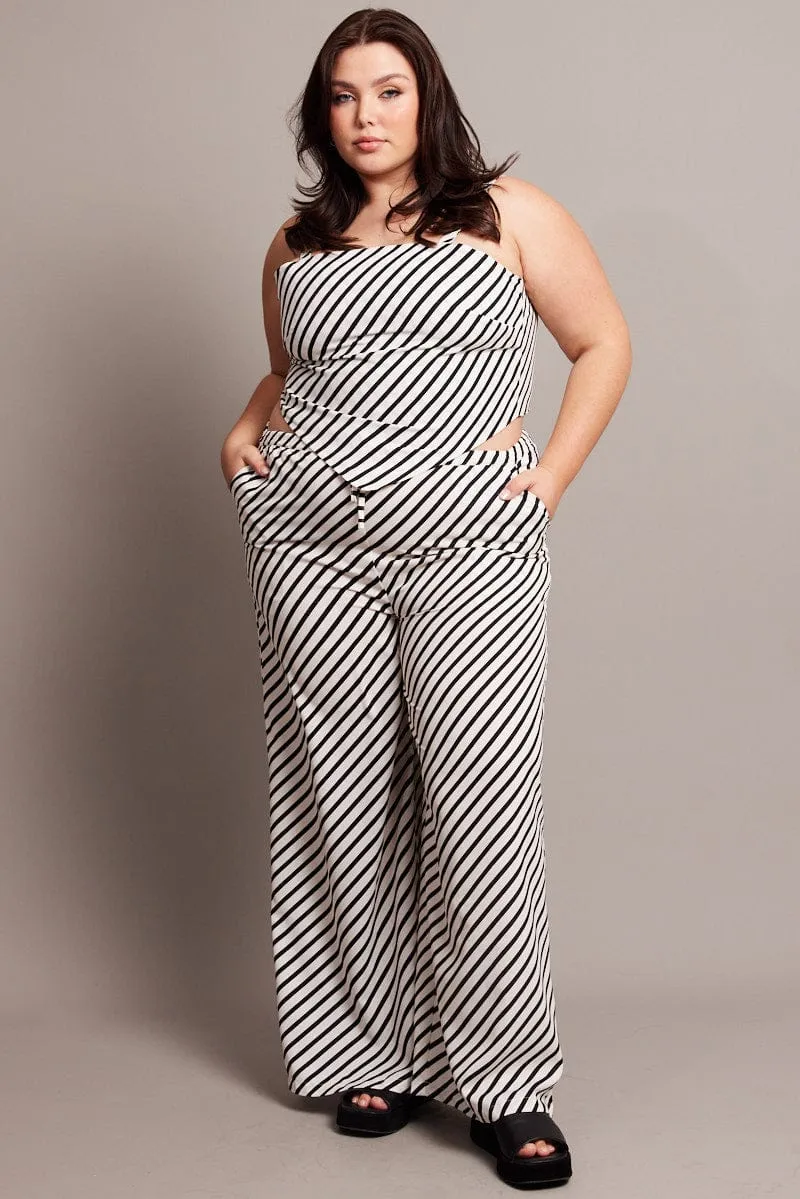 Black Stripe Wide Leg Pants High Rise WrinkleResistantMaterial Comfortable Layers