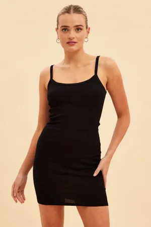 Mature Charm Pure Core Black Prea Rib Bind Detail Crew Neck Tank Dress