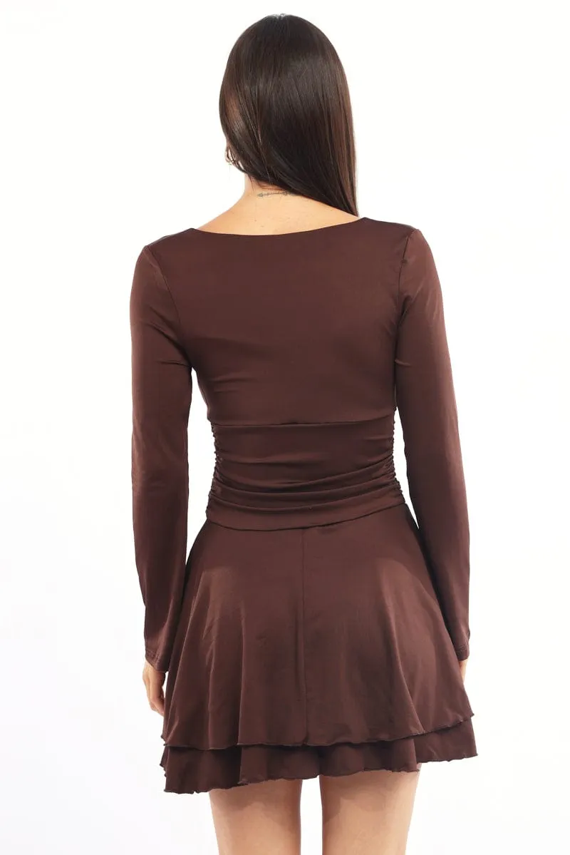 MultiPocketDesign Brown Fit And Flare Dress Bell Sleeve