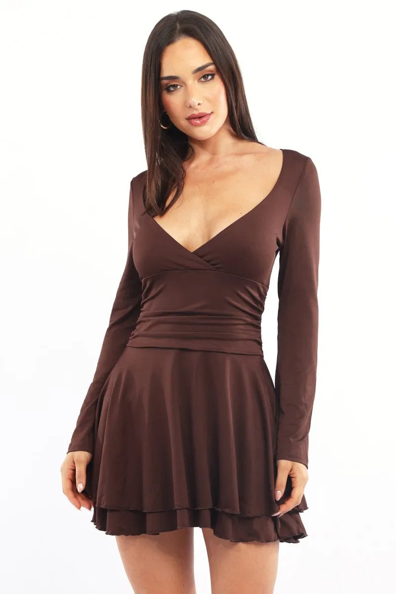 Wide Glow HeatReflective Lining Brown Fit And Flare Dress Bell Sleeve