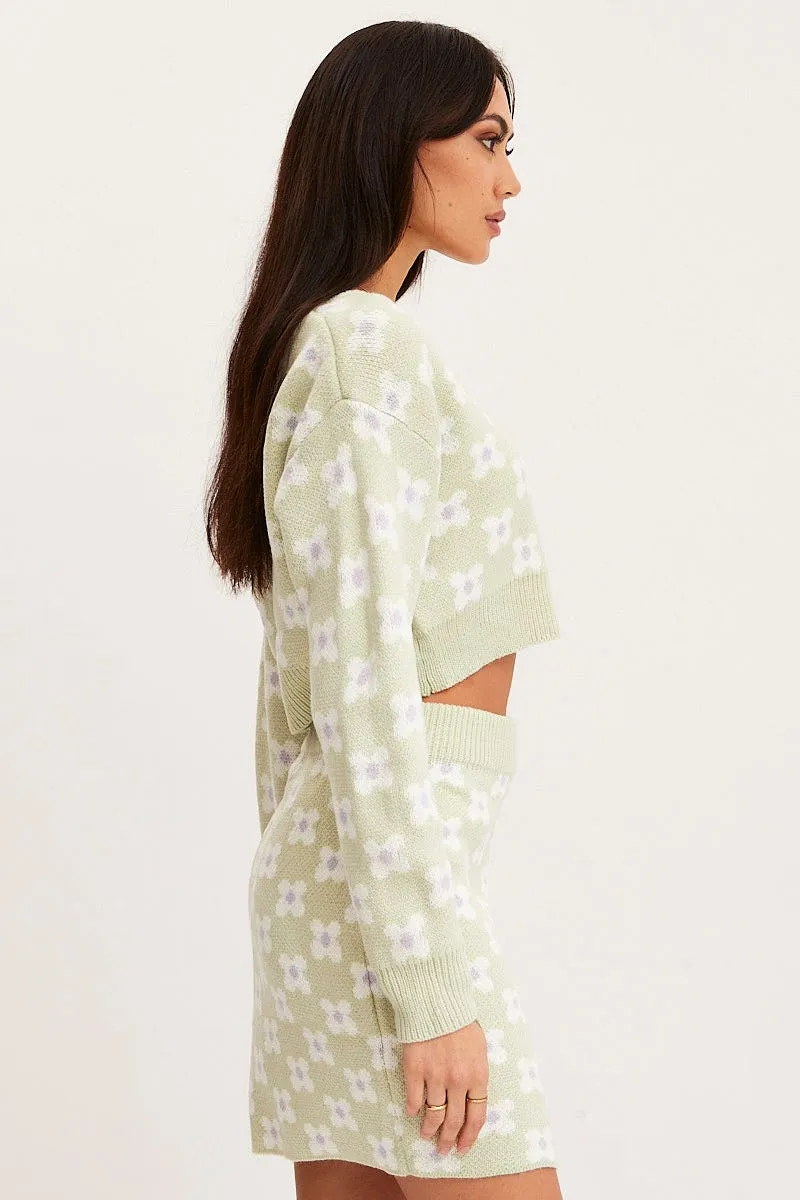 Print Knit Skirt Mini High Rise Effortless Feel