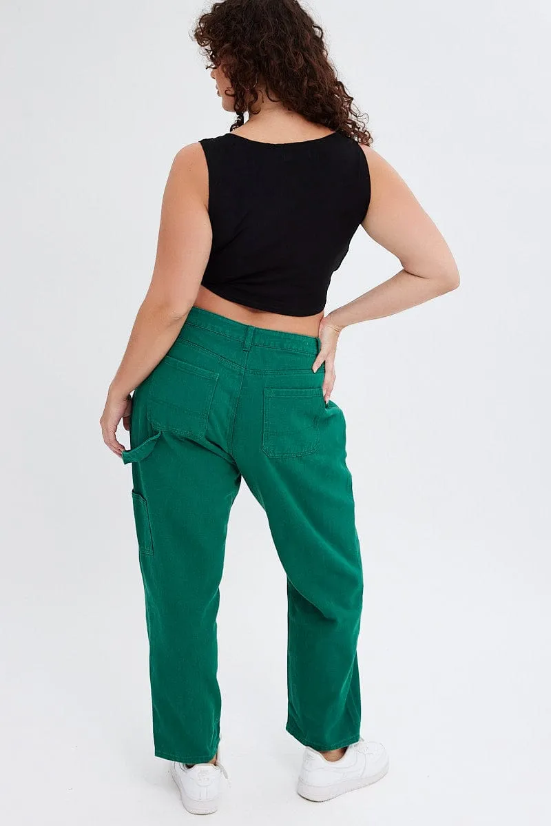 Home Comfort Teen Outfit Green Carpenter Denim Jeans High Rise
