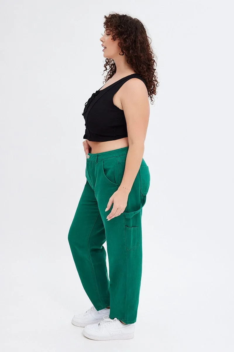Holiday Vibes Athlete Fit Green Carpenter Denim Jeans High Rise