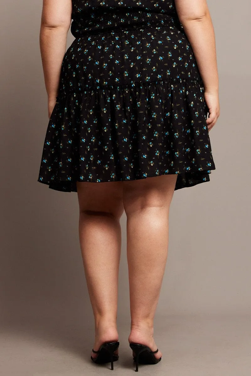 Black Ditsy Frill Hem Mini Skirt Tropical theme