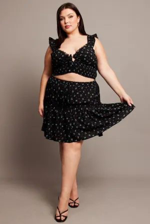 Black Ditsy Frill Hem Mini Skirt Slip Resistant Waist Semi Sheer