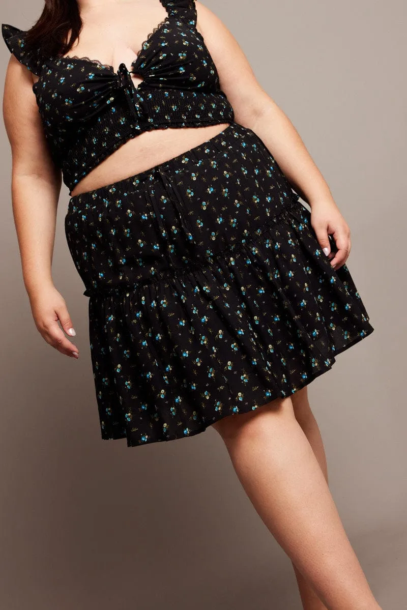 Black Ditsy Frill Hem Mini Skirt Layer Combo Water resistant coating